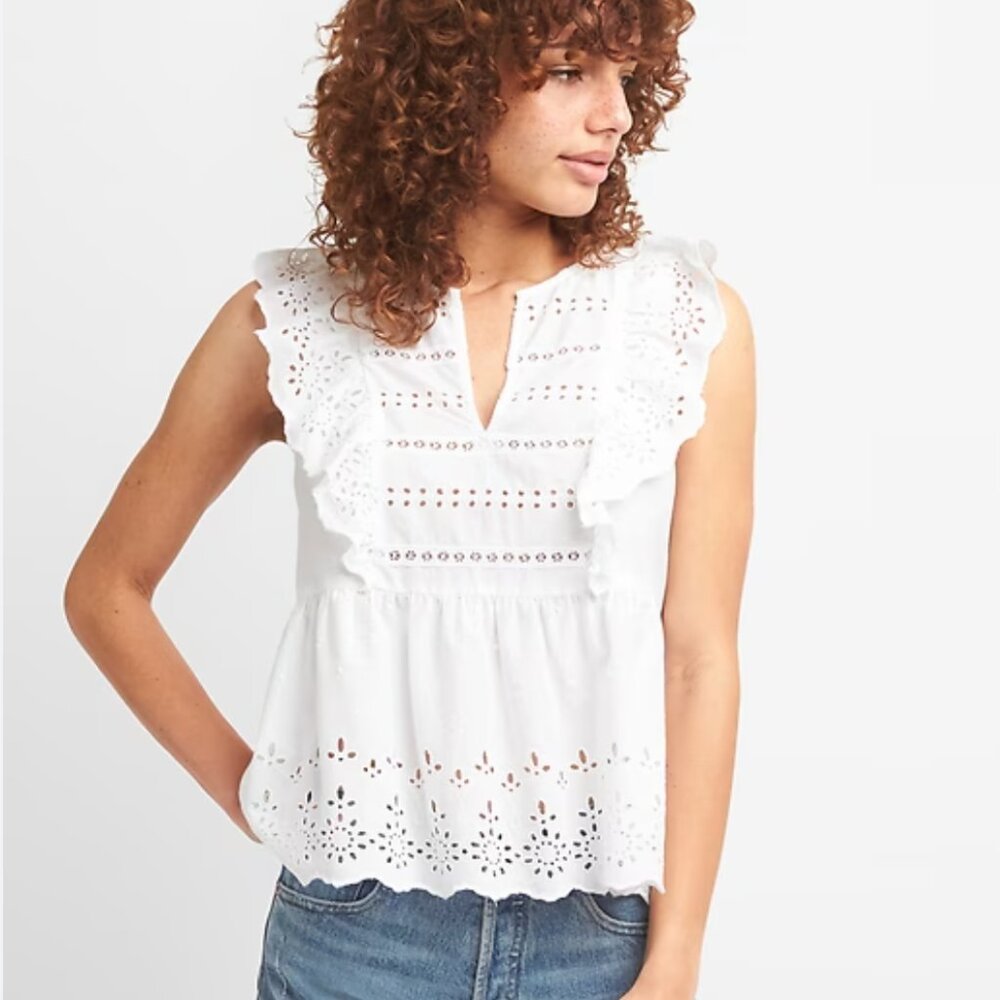 Gap White Ruffle Sleeve Eyelet Top (S)